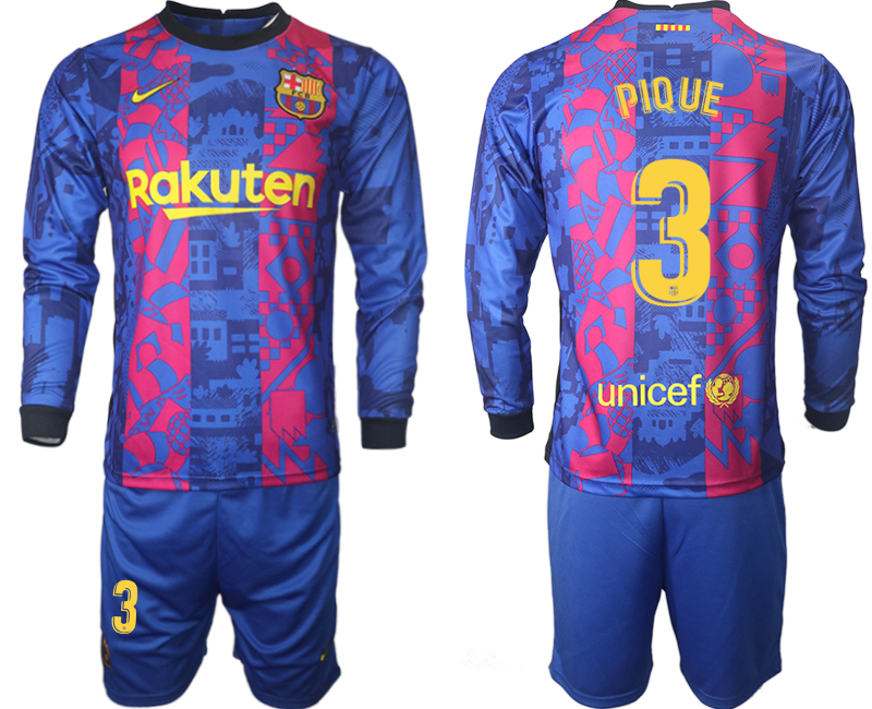 Men 2021-2022 Club Barcelona Second away blue Long Sleeve #3 Soccer Jersey->barcelona jersey->Soccer Club Jersey